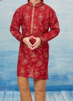 Maroon Silk Dupion Printed Kids Kurta Pyjama Party Wear