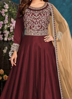 Maroon Soft Art Silk Embroidered N Sequins Anarkali Suit Wedding Wear