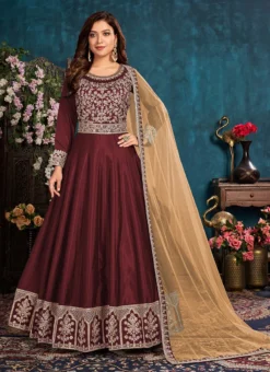Maroon Soft Art Silk Embroidered N Sequins Anarkali Suit Wedding Wear -Mahra Clothing Shop maroon soft art silk embroidered n sequins anarkali suit slsaj30393504 u