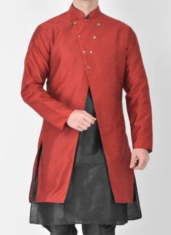 Maroon Textured Dupion Silk Nehru Jacket