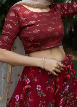 Maroon Viscose Cotton Umbrella Lehenga Party Wear