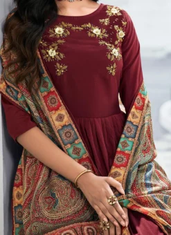 Maroon Viscose Masleen Embroidered N Sequins Anarkali Suit Party Wear