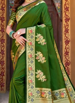 Mehendi Green Color Jacquard Woven Work Silk Saree Festive Wear