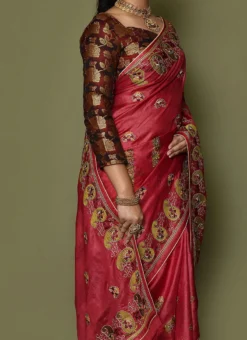 Mehrom Maroon Color Pure Banarasi Silk Embroidered Saree Wedding Wear