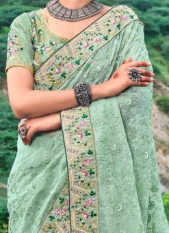 Mint Green Organza Embroidered Saree Festive Wear
