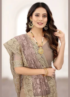 Mouse Grey Net Embroidered And Stones Designer Saree Festive Wear -Mahra Clothing Shop mouse grey net embroidered and stones designer saree sasnftp5685 b