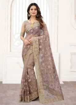Mouse Grey Net Embroidered And Stones Designer Saree Festive Wear -Mahra Clothing Shop mouse grey net embroidered and stones designer saree sasnftp5685 u