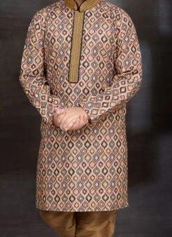 Multi Blended Cotton Printed Kids Boys Kurta Pyjama Festive Wear