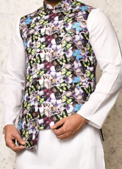 Multicolor Art Silk Printed Nehru Jacket