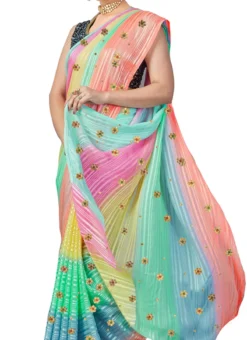 Multicolored Georgette Hand Embroidered Saree Party Wear