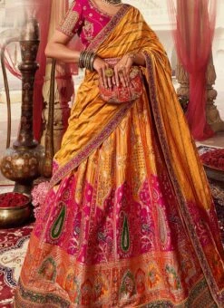 Mustard Art Silk Banarasi Stone Work Umbrella Lehenga Wedding Wear