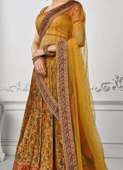 Mustard Art Silk Digital Print A Line Lehenga Festive Wear