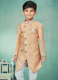 Mustard Art Silk Jacquard Indowestern Sherwani Party Wear -Mahra Clothing Shop mustard art silk jacquard indowestern sherwani kdbmsgrk549 b