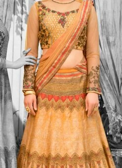 Mustard Digital Printed Umbrella Lehenga Wedding Wear