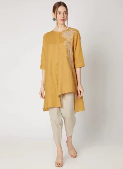 Mustard Linen Kurta Dhoti Pant Set Work Wear -Mahra Clothing Shop mustard linen kurta dhoti pant set krsdvcsvts26 u