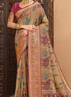 Mustard Tussar Silk Digital Print Saree Festive Wear