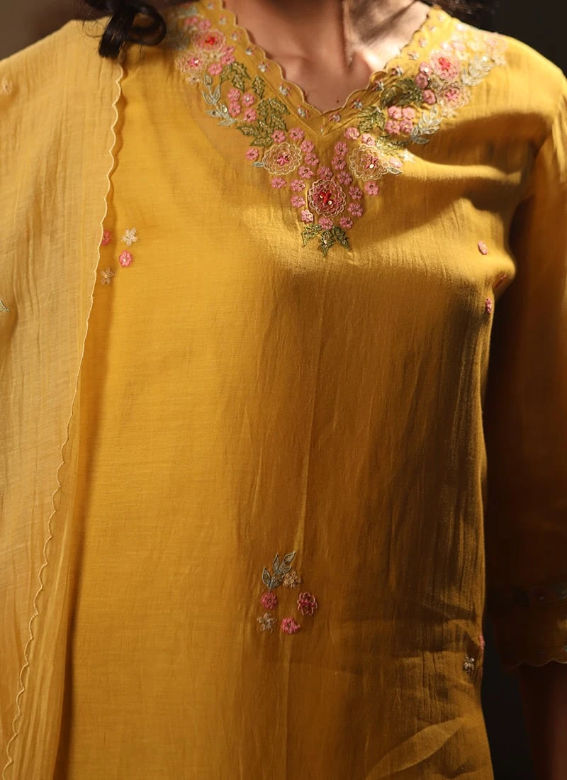 Mustard Yellow Chanderi Silk Embroidered Dupatta Party Wear 1 Mustard Yellow Chanderi Silk Embroidered Dupatta Party Wear