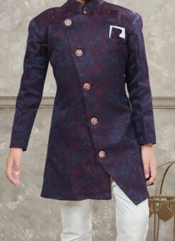 Navy Blue And Maroon Art Silk Jacquard Indowestern Sherwani Party Wear