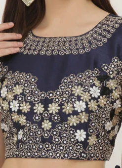 Navy Blue Art Dupion Silk Resham Embroidered Blouse Festive Wear