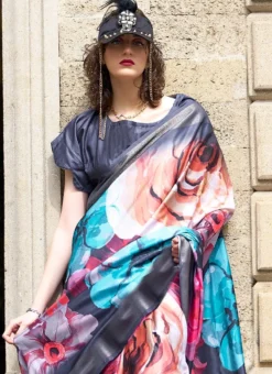 Navy Blue Art Silk Digital Print Saree After Six Wear -Mahra Clothing Shop navy blue art silk digital print saree sasli2172334001 b