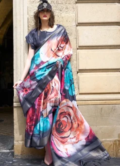 Navy Blue Art Silk Digital Print Saree After Six Wear -Mahra Clothing Shop navy blue art silk digital print saree sasli2172334001 u