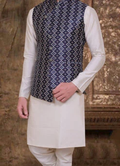 Navy Blue Art Silk Digital Printed Nehru Jacket