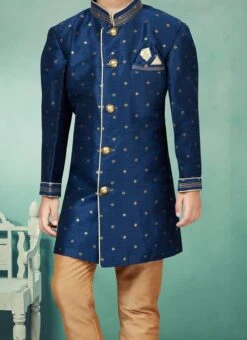 Navy Blue Art Silk Indowestern Sherwani Party Wear