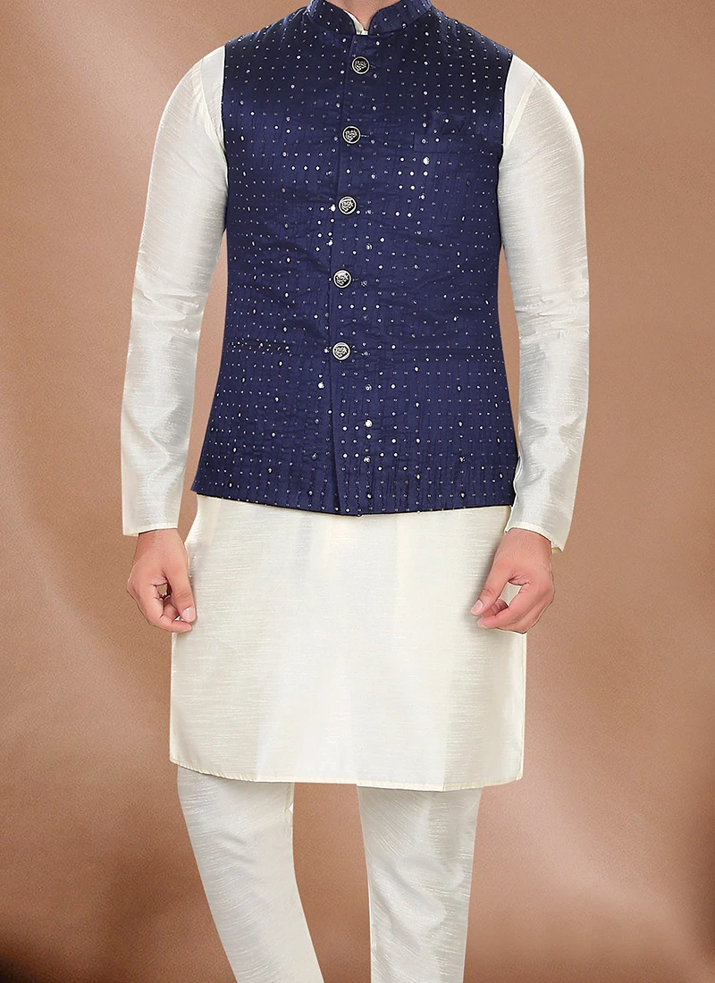 Navy Blue Art Silk Jacquard Bandhgala Jacket 1 Navy Blue Art Silk Jacquard Bandhgala Jacket