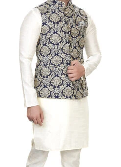 Navy Blue Art Silk Jacquard Nehru Jacket