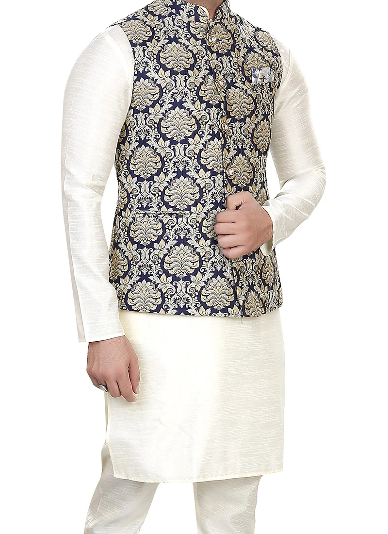 Navy Blue Art Silk Jacquard Nehru Jacket 1 Navy Blue Art Silk Jacquard Nehru Jacket
