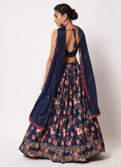 Navy Blue Banarasi Silk Printed Umbrella Lehenga Party Wear -Mahra Clothing Shop navy blue banarasi silk printed umbrella lehenga ghsom2291 b