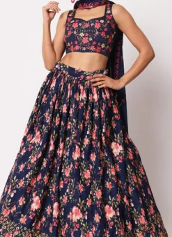 Navy Blue Banarasi Silk Printed Umbrella Lehenga Party Wear