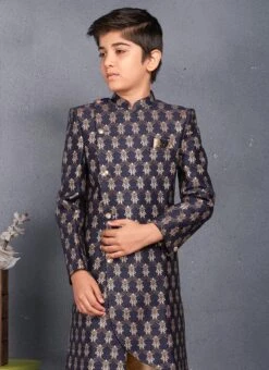 Navy Blue Banarasi Brocade Classic Sherwani Wedding Wear -Mahra Clothing Shop navy blue benarasi brocade classic sherwani kdbmss6166 b