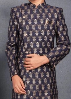 Navy Blue Banarasi Brocade Classic Sherwani Wedding Wear