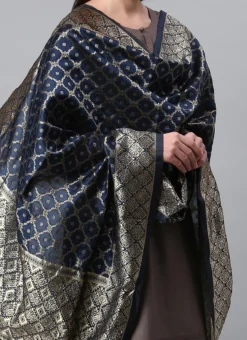 Navy Blue Benarasi Silk Jacquard Woven Dupatta Festive Wear