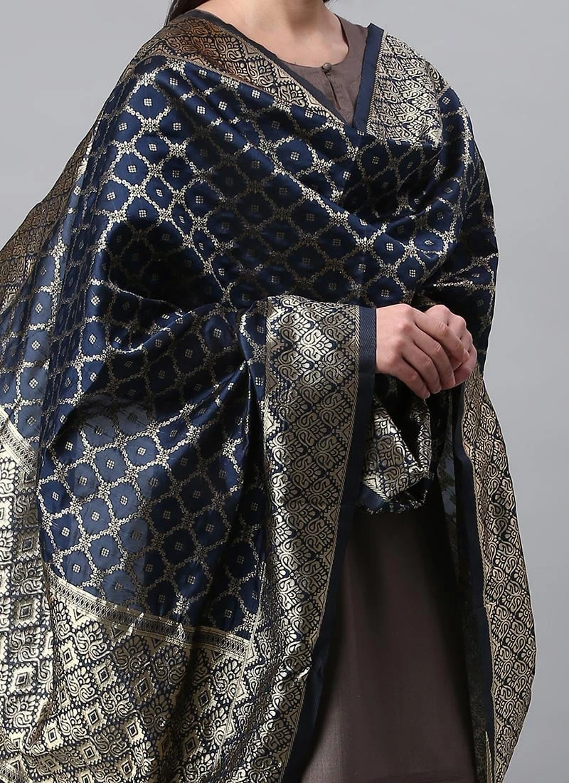 Navy Blue Benarasi Silk Jacquard Woven Dupatta Festive Wear 1 Navy Blue Benarasi Silk Jacquard Woven Dupatta Festive Wear