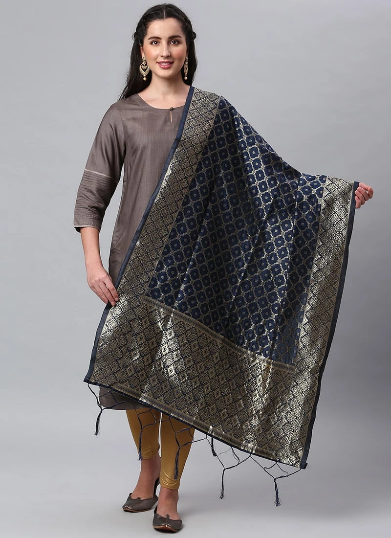 Navy Blue Benarasi Silk Jacquard Woven Dupatta Festive Wear 3 Navy Blue Benarasi Silk Jacquard Woven Dupatta Festive Wear - Image 3
