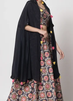 Navy Blue Chinon Silk Printed Work Umbrella Lehenga Choli Party Wear