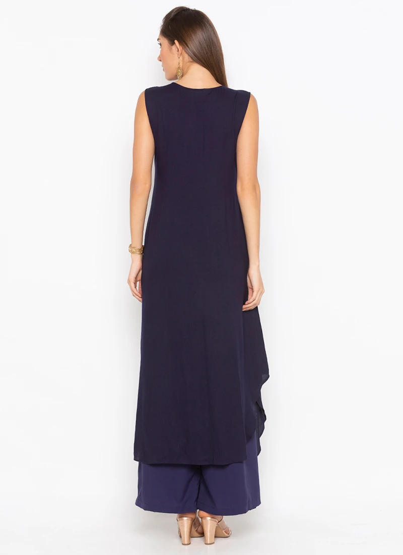 Navy Blue Cotton Embroidered Kurta Palazzo Set After Six Wear 4 Navy Blue Cotton Embroidered Kurta Palazzo Set After Six Wear - Image 4