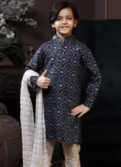 Navy Blue Cotton Printed Boys Kurta Pyjama Party Wear -Mahra Clothing Shop navy blue cotton printed boys kurta pyjama kdbmss6194 b