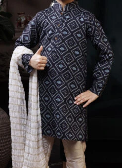 Navy Blue Cotton Printed Boys Kurta Pyjama Party Wear