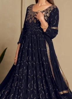 Navy Blue Faux Georgette Sequins Dresses And Gown Party Wear