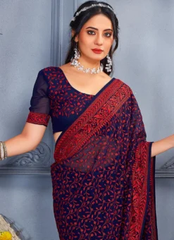 Navy Blue Georgette Embroidery Work Saree Party Wear -Mahra Clothing Shop navy blue georgette embroidery work saree sasun1555 b