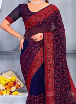 Navy Blue Georgette Embroidery Work Saree Party Wear