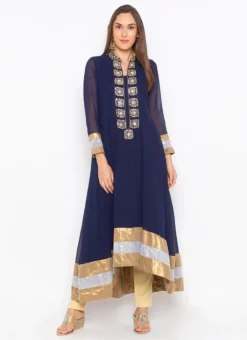 Navy Blue Georgette Stones Work Kurta Straight Pant Set Party Wear -Mahra Clothing Shop navy blue georgette stones work kurta straight pant set krsmnc2067 u