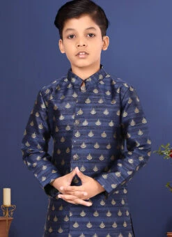Navy Blue Jacquard Silk Boys Classic Sherwani Party Wear -Mahra Clothing Shop navy blue jacquard silk boys classic sherwani kdbkvs647 b