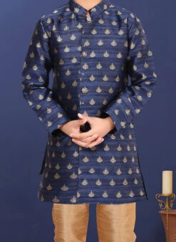 Navy Blue Jacquard Silk Boys Classic Sherwani Party Wear