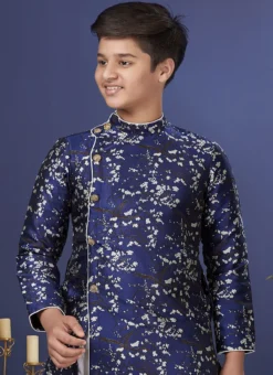 Navy Blue Jacquard Silk Boys Indowestern Sherwani Party Wear -Mahra Clothing Shop navy blue jacquard silk boys indowestern sherwani kdbkvs501 b