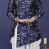 Navy Blue Jacquard Silk Boys Indowestern Sherwani Party Wear