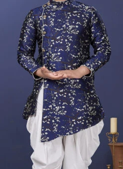 Navy Blue Jacquard Silk Boys Indowestern Sherwani Party Wear